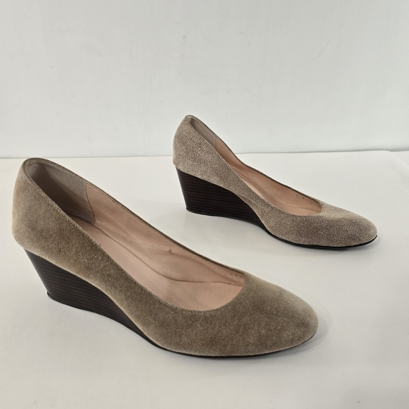 Anthropologie Taryn Rose Beige Lurex Round Toe Leather Wedge Shoes Size 6.5 M - Picture 3 of 10